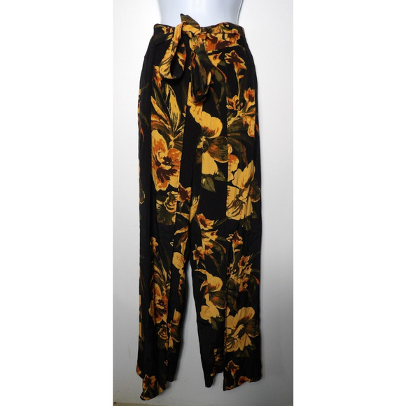 Faithfull The Brand Sz 6 Wrap Pants Black Orange Floral Palazzo Front Slits Pull - Picture 8 of 16